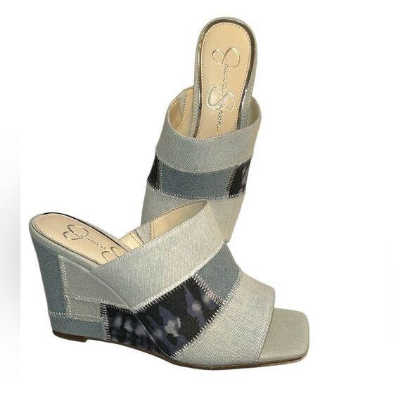 Jessica Simpson Blue Denim Patchwork Slip on Wedge Heel Sandals(Size 9W) - Picture 2 of 12